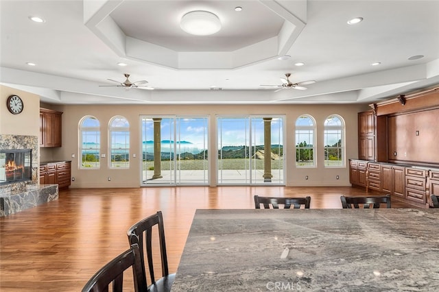 dining area with ceiling fan, a raised ceiling, and light hardwood / wood-style floors