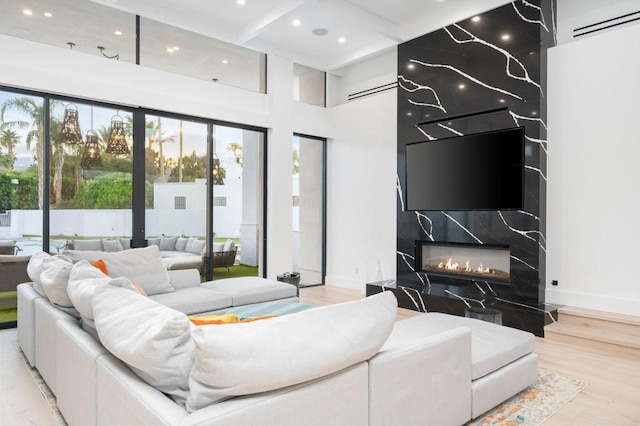 living room featuring a high end fireplace, light hardwood / wood-style floors, and a high ceiling