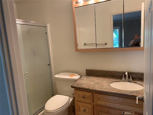 bathroom featuring vanity, toilet, and walk in shower