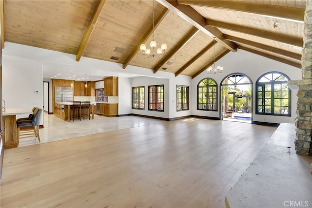 unfurnished living room with wooden ceiling, a chandelier, and beamed ceiling