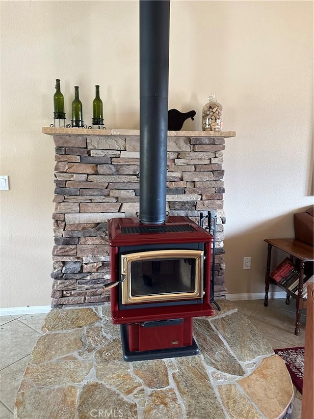 room details featuring a wood stove