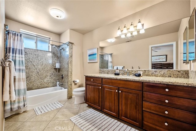 full bathroom with tile patterned flooring, shower / bath combination with curtain, toilet, and vanity