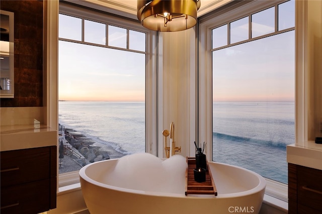 interior space with a healthy amount of sunlight, vanity, a water view, and a tub