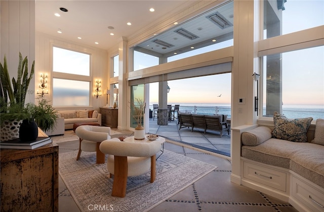 interior space featuring a water view