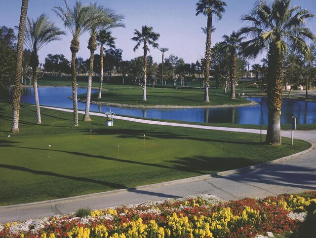 view of community with a water view and a yard