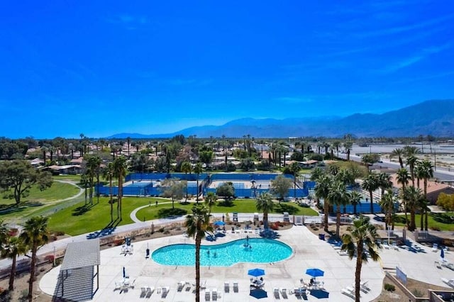 view of swimming pool featuring a patio area and a mountain view