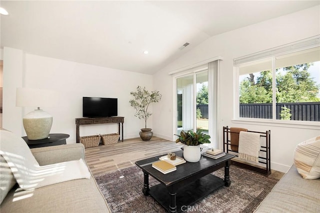 living room with wood-type flooring and vaulted ceiling