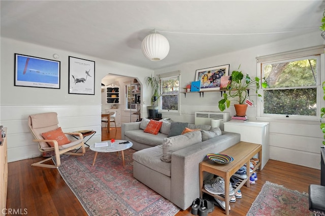 living room featuring a healthy amount of sunlight and hardwood / wood-style flooring