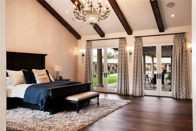 bedroom with french doors, lofted ceiling with beams, access to outside, and dark hardwood / wood-style floors