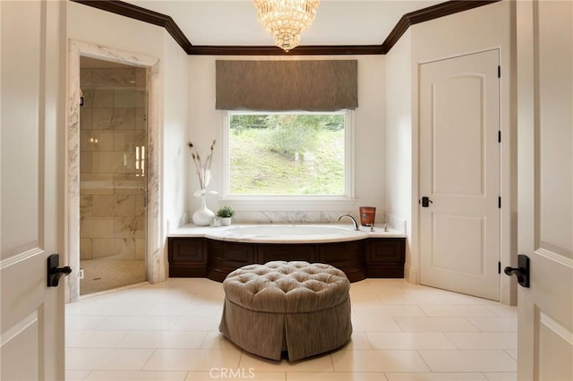 bathroom featuring tile patterned flooring, separate shower and tub, crown molding, and an inviting chandelier