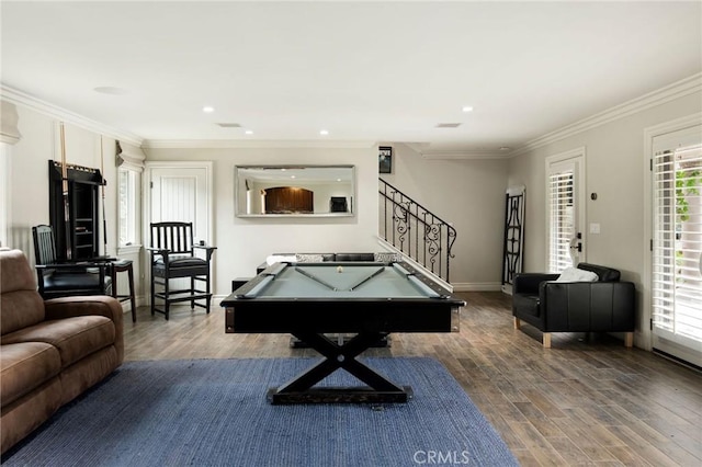 recreation room with crown molding, dark hardwood / wood-style flooring, and pool table