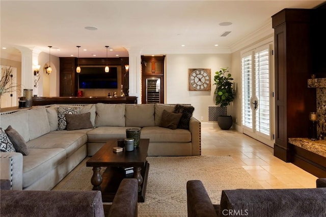 tiled living room with ornamental molding and beverage cooler