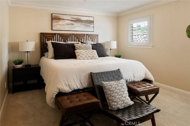 carpeted bedroom featuring ornamental molding