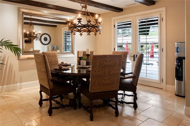 dining room featuring french doors, beamed ceiling, and a chandelier