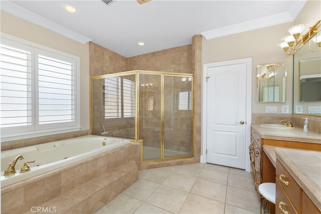 bathroom with vanity, shower with separate bathtub, ornamental molding, and tile patterned floors