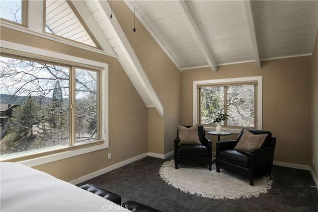 bedroom featuring vaulted ceiling with beams and dark carpet