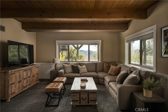 carpeted living room featuring beamed ceiling, a wealth of natural light, and wood ceiling