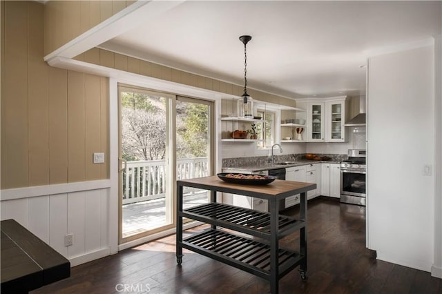 kitchen with white cabinets, decorative light fixtures, dark hardwood / wood-style floors, and stainless steel range oven