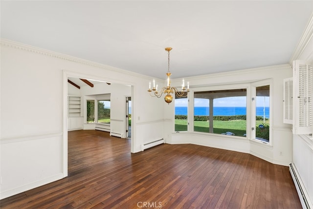 unfurnished dining area featuring a wealth of natural light, a baseboard radiator, and dark hardwood / wood-style floors