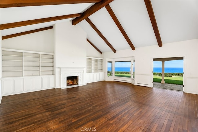 unfurnished living room featuring dark wood-type flooring, high vaulted ceiling, a baseboard radiator, and a high end fireplace