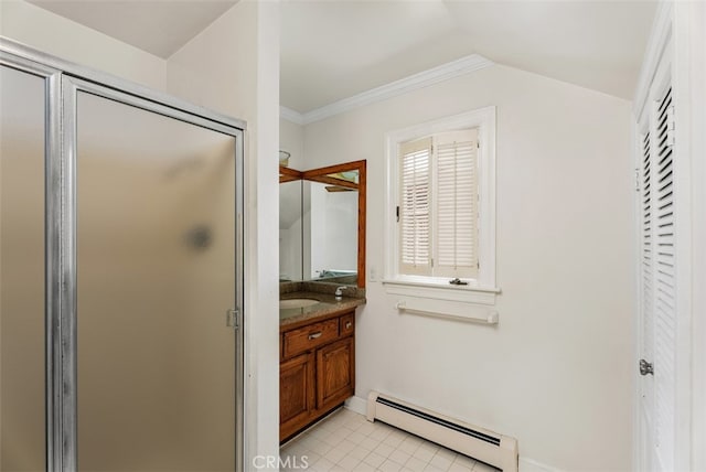 bathroom featuring an enclosed shower, ornamental molding, vanity, baseboard heating, and vaulted ceiling