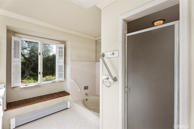 bathroom featuring plus walk in shower, a baseboard heating unit, plenty of natural light, and crown molding