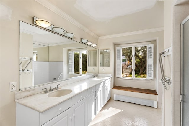 bathroom featuring walk in shower, tile patterned floors, ornamental molding, vanity, and a baseboard radiator