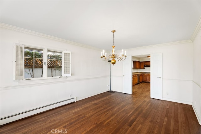 unfurnished dining area featuring ornamental molding, baseboard heating, dark hardwood / wood-style floors, and a chandelier