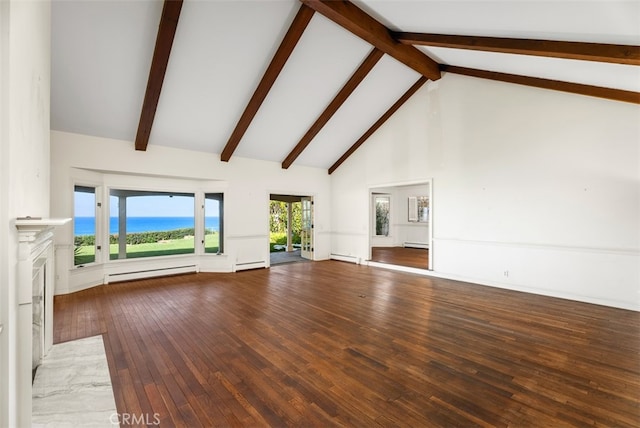 unfurnished living room featuring beamed ceiling, high vaulted ceiling, a premium fireplace, a baseboard heating unit, and hardwood / wood-style flooring