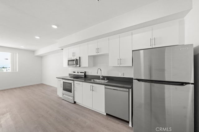 kitchen featuring light hardwood / wood-style flooring, sink, stainless steel appliances, and white cabinets