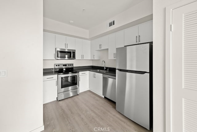 kitchen with appliances with stainless steel finishes, white cabinetry, sink, and light hardwood / wood-style floors