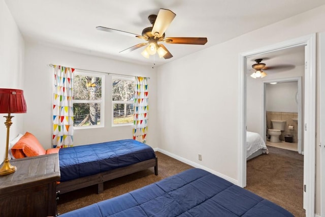 carpeted bedroom featuring ceiling fan and ensuite bathroom