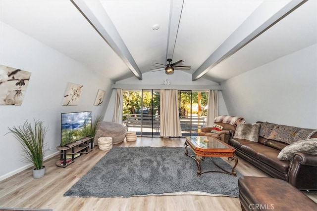 living room featuring ceiling fan, lofted ceiling with beams, and light hardwood / wood-style floors