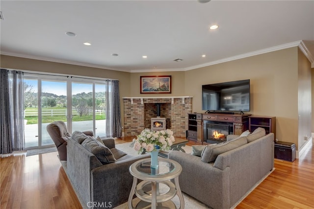 living room featuring a fireplace, light wood-type flooring, and crown molding