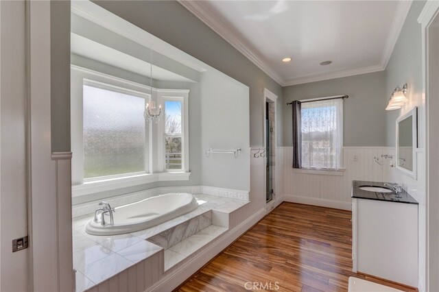 bathroom with wood-type flooring, vanity, plenty of natural light, and ornamental molding