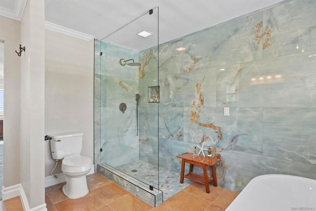 bathroom featuring ornamental molding, tile patterned flooring, independent shower and bath, and toilet