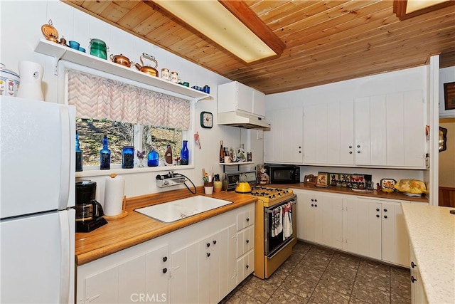 kitchen featuring black appliances, white cabinets, wooden ceiling, and sink