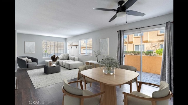 dining room with ceiling fan and dark hardwood / wood-style floors