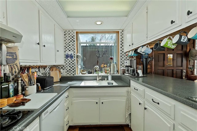 kitchen with ventilation hood, white dishwasher, a sink, and white cabinetry