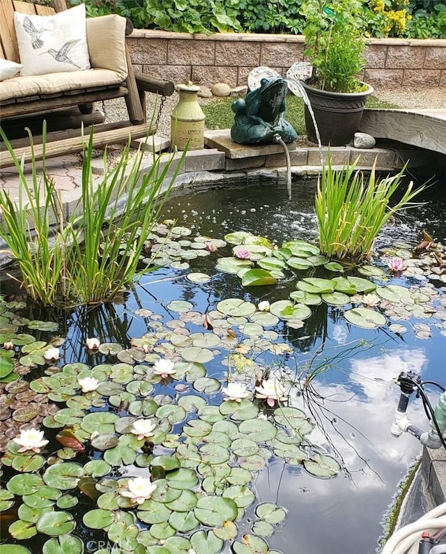 exterior space with a small pond