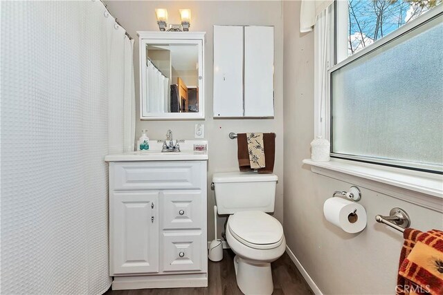 bathroom featuring hardwood / wood-style floors, vanity, and toilet