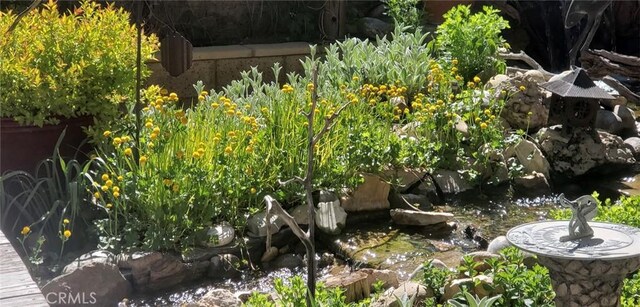 exterior space with a garden pond