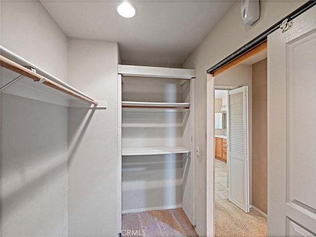 spacious closet featuring a barn door and light carpet