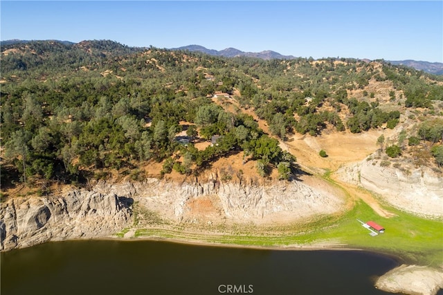 drone / aerial view featuring a water and mountain view