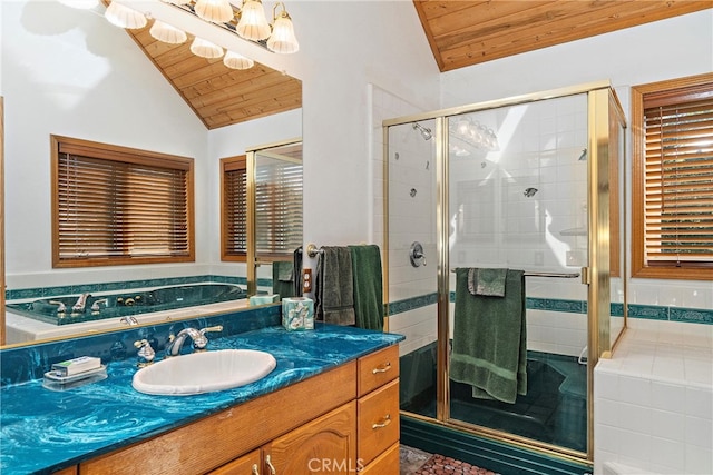 bathroom featuring lofted ceiling, wood ceiling, walk in shower, and vanity