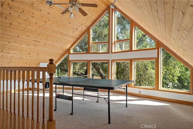 rec room with carpet floors, high vaulted ceiling, ceiling fan, and wood ceiling