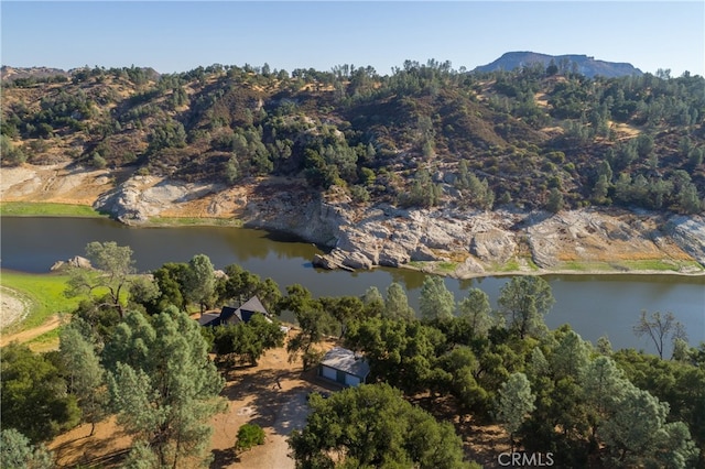 birds eye view of property featuring a water and mountain view