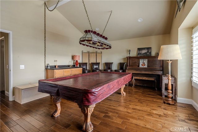 playroom with hardwood / wood-style floors, billiards, and high vaulted ceiling