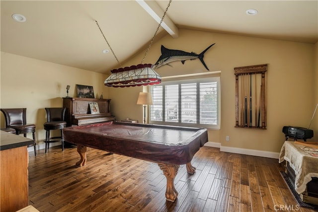 playroom with pool table, lofted ceiling with beams, and dark hardwood / wood-style floors