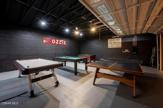 rec room featuring billiards and concrete floors